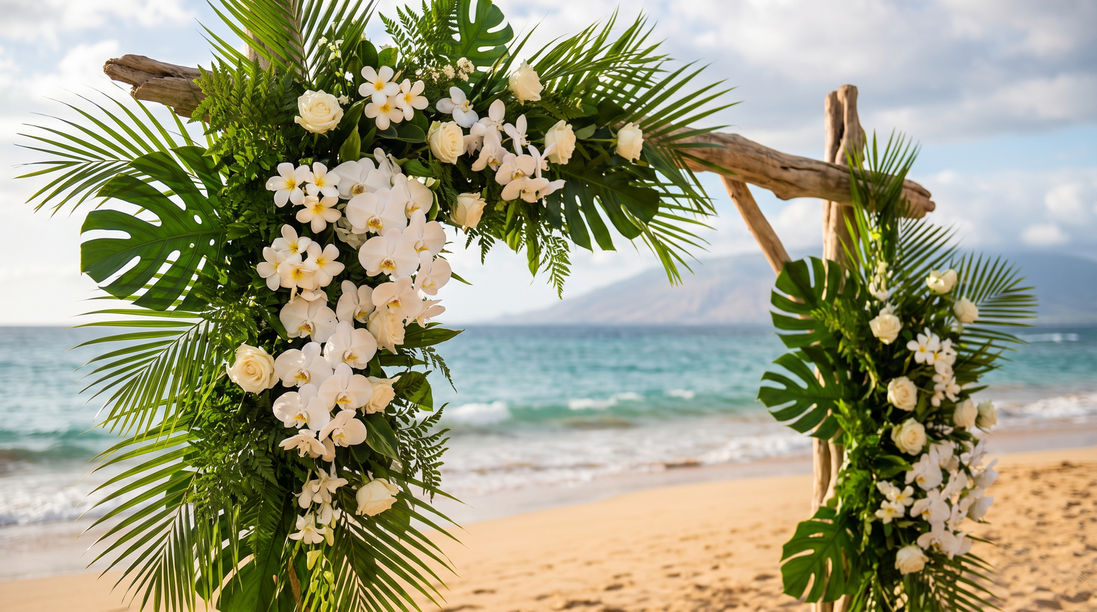 Arco de boda decorado con flores blancas en una playa de la Bahía de Banderas al atardecer