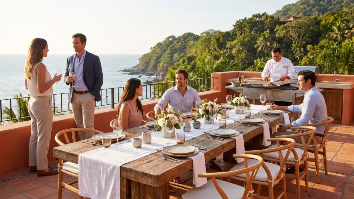 Grupo de amigos conversando en una terraza frente al mar de Puerto Vallarta mientras el chef privado atiende la parrilla
