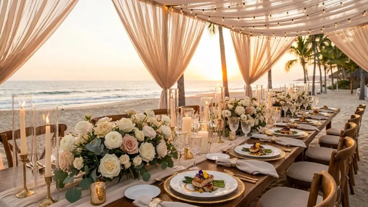 Mesa larga de boda montada en la playa al atardecer con flores blancas y velas, lista para la cena del chef privado