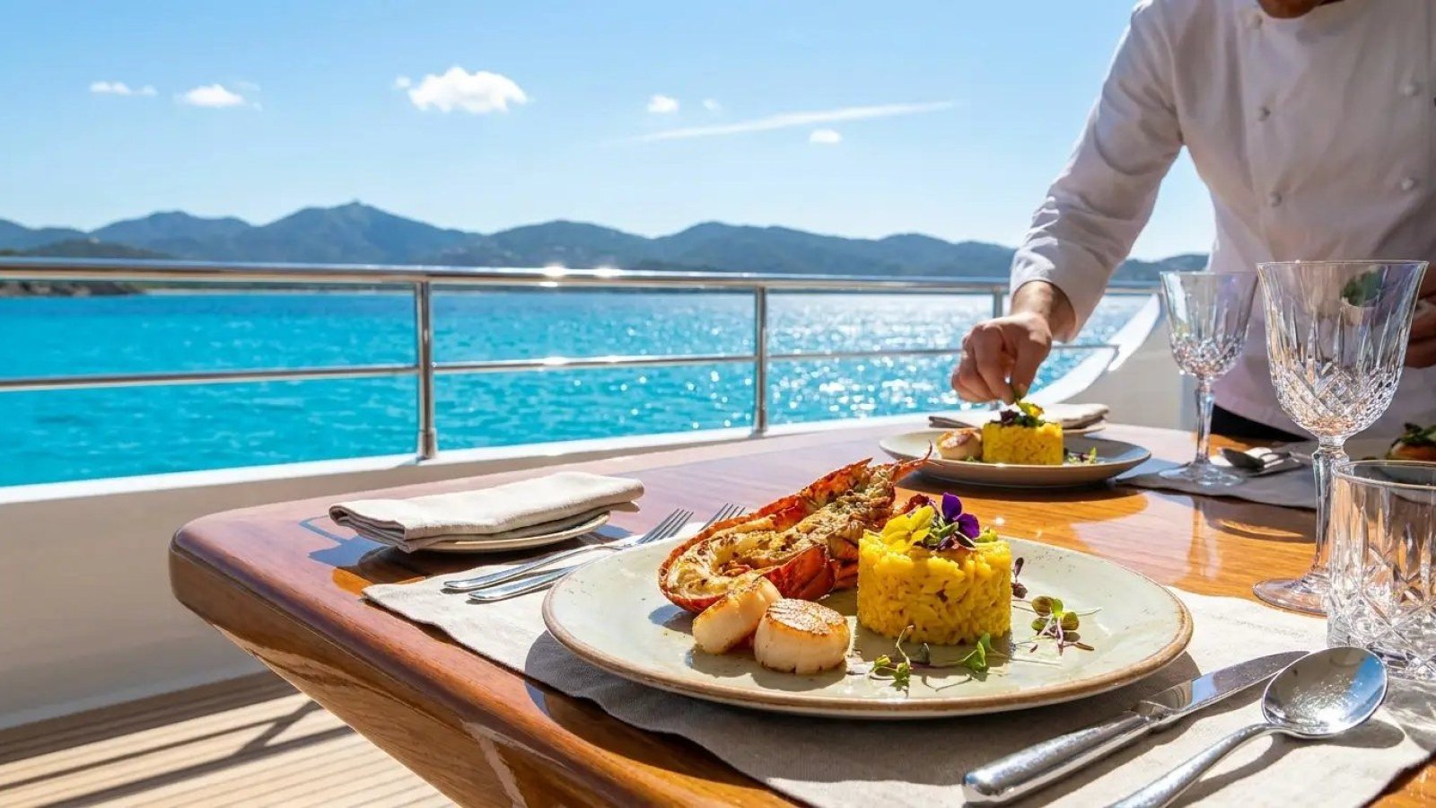 Chef privado sirviendo langosta a la parrilla en la cubierta de un yate frente a la Bahía de Banderas, Puerto Vallarta