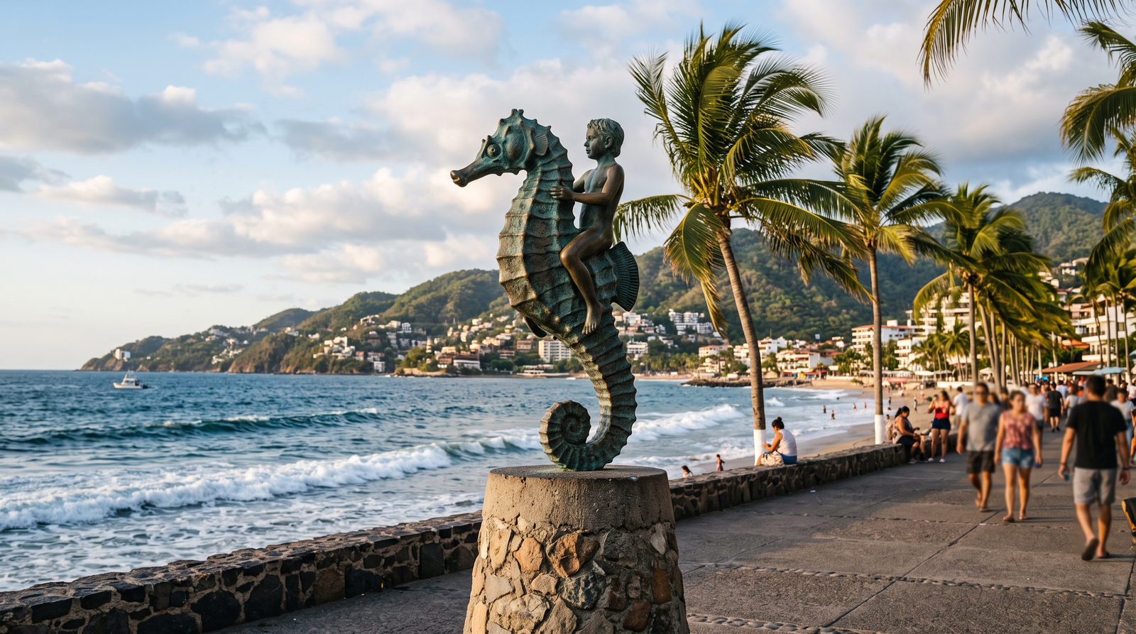 El Malecón de Puerto Vallarta iluminado de noche con bares y ambiente festivo