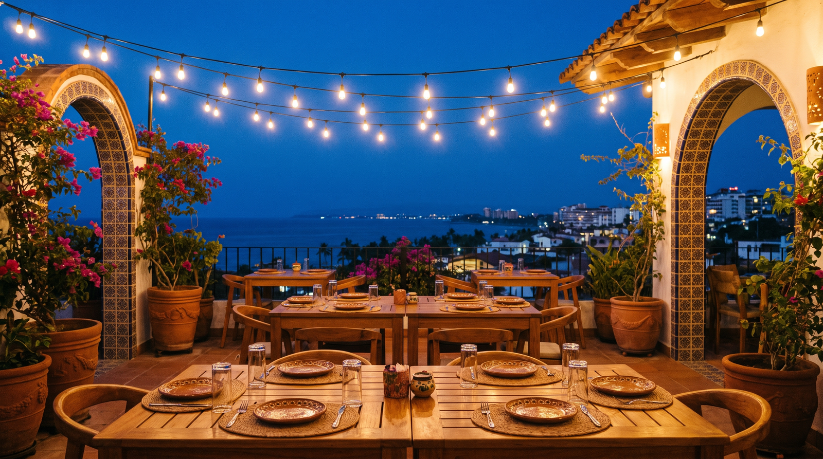 Mesas al aire libre de un restaurante en la Zona Romántica de Puerto Vallarta al atardecer